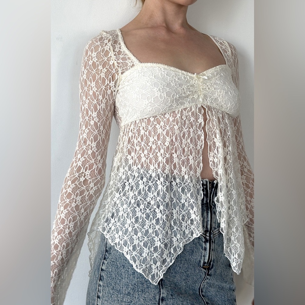 Lace Sheer Long-Sleeve Tie-Front Top in Cream